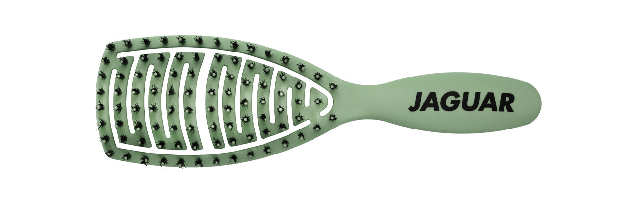 Green hairbrush with black bristles.