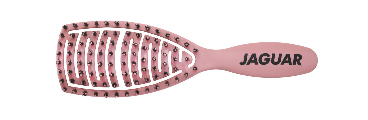 Pink hairbrush with logo.
