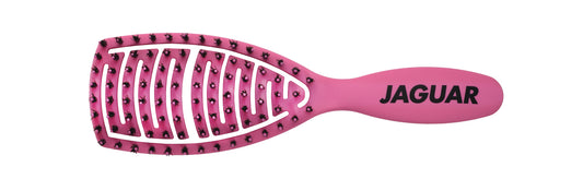 Pink hairbrush with logo.