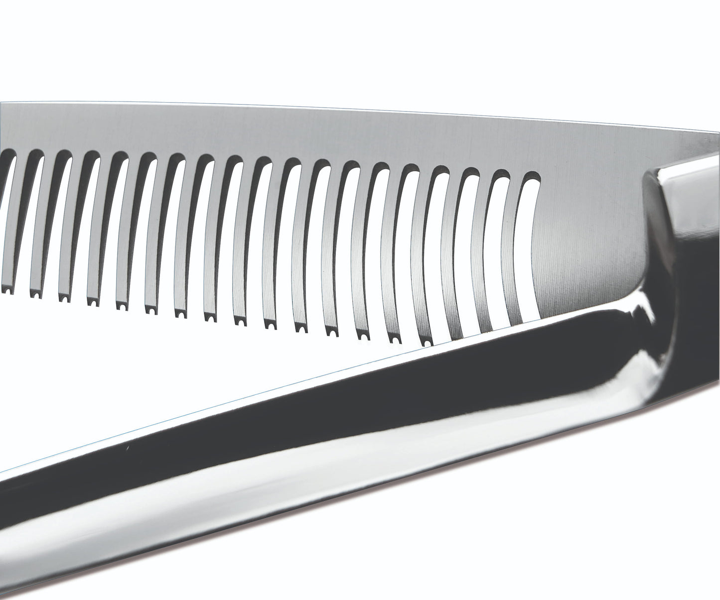 Hairdressing scissors with serrated blades.