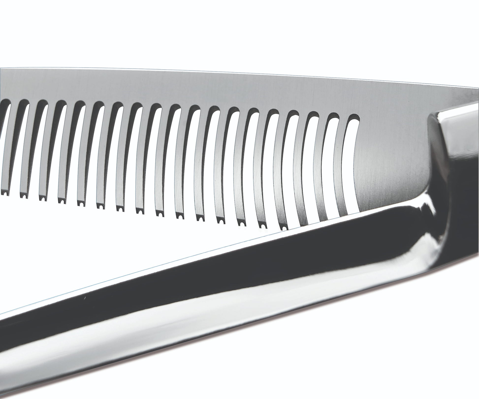 Hairdressing scissors with serrated blades.