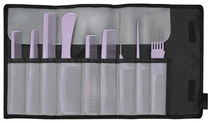 Purple combs in a black bag.