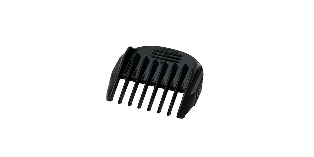 Four black comb attachments with sizes.