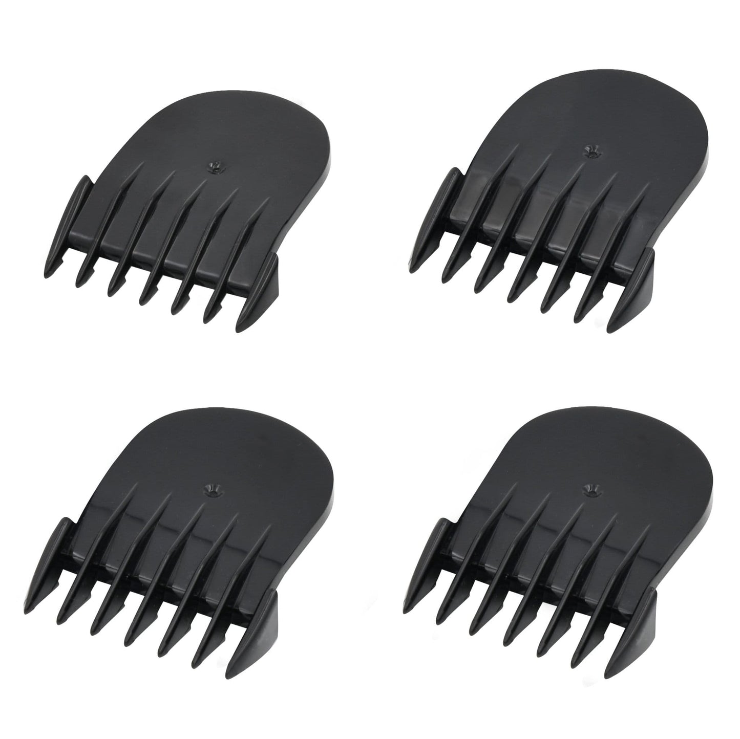 Four black attachment combs for hair clippers.