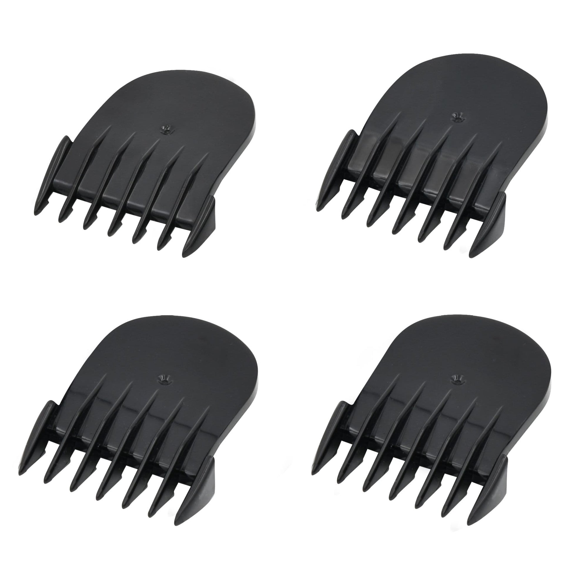 Four black attachment combs for hair clippers.