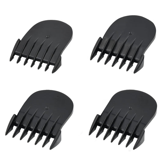 Four black attachment combs for hair clippers.