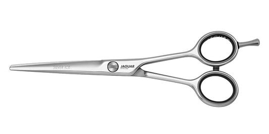 Hairdressing scissors with black handles.
