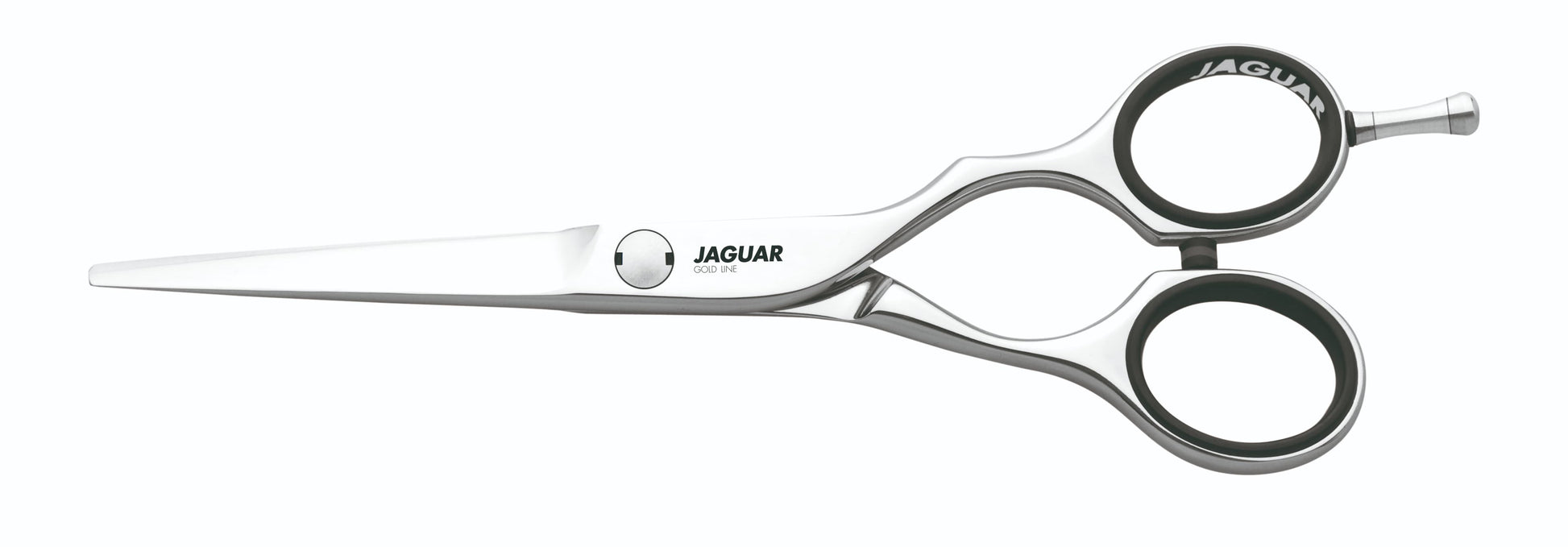 Hairdressing scissors with black handles.