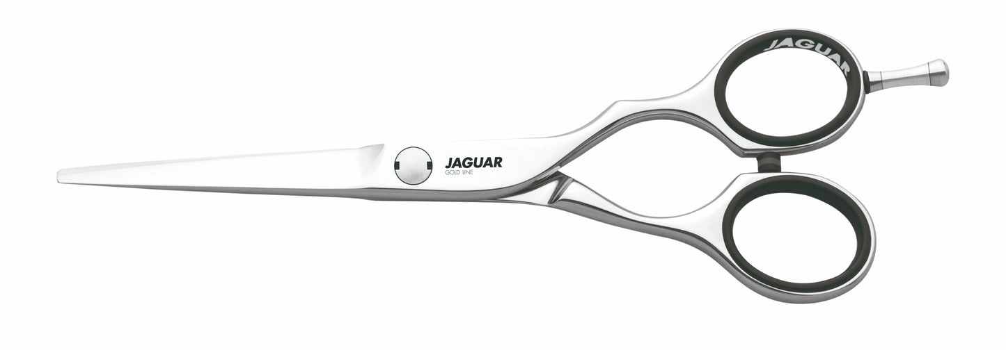 Hairdressing scissors with black handles.