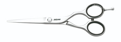 Hairdressing scissors with black handles.