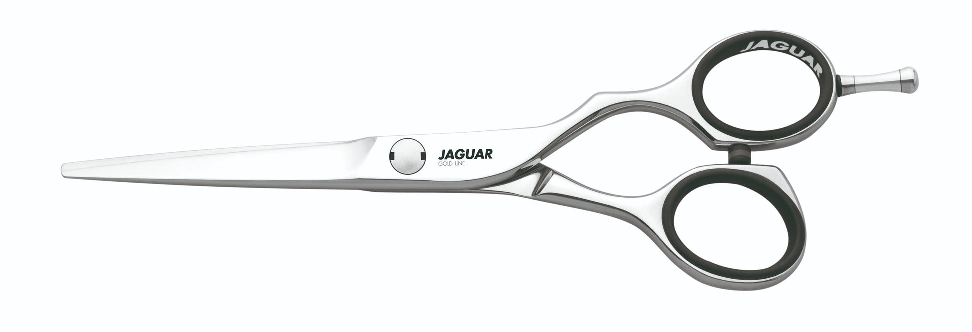 Hairdressing scissors with black handles.