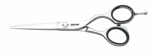 Hairdressing scissors with black handles.