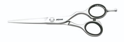 Hairdressing scissors with black handles.