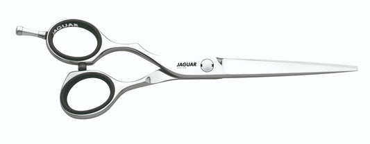 Hairdressing scissors with black handles.