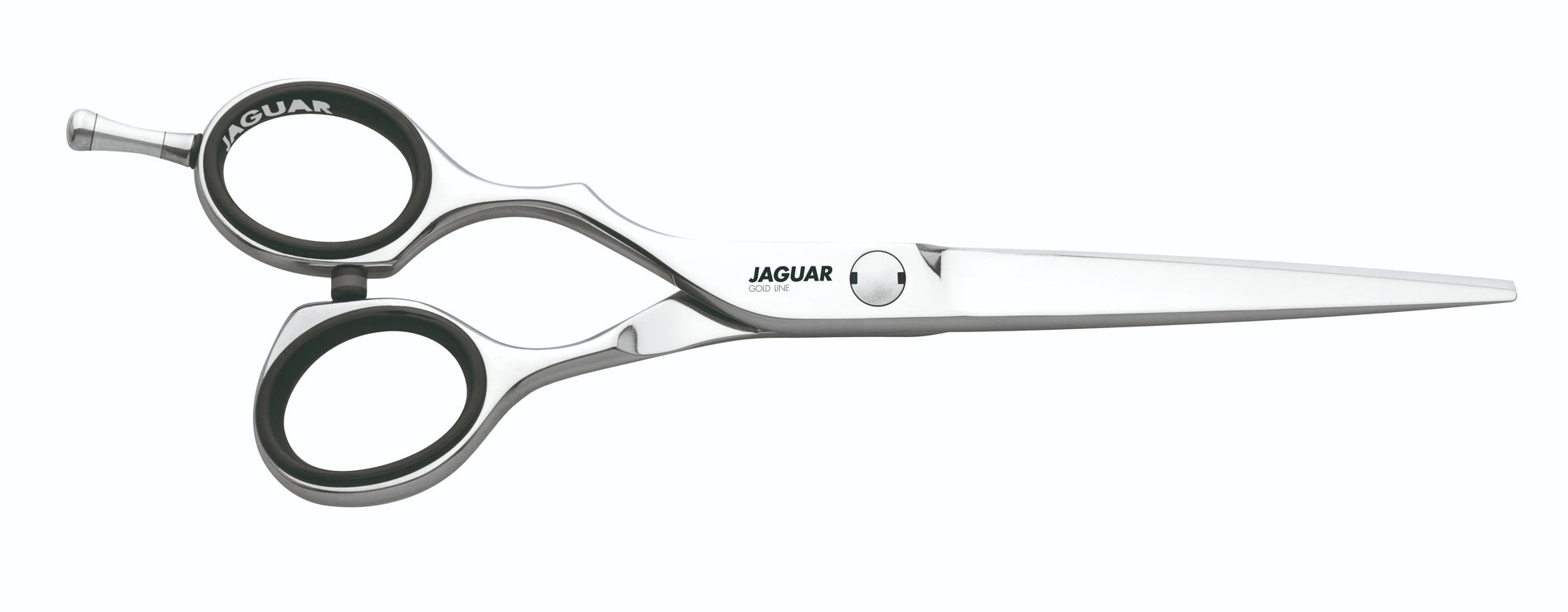 Hairdressing scissors with black handles.