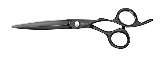 Black hairdressing scissors with an ergonomic design.