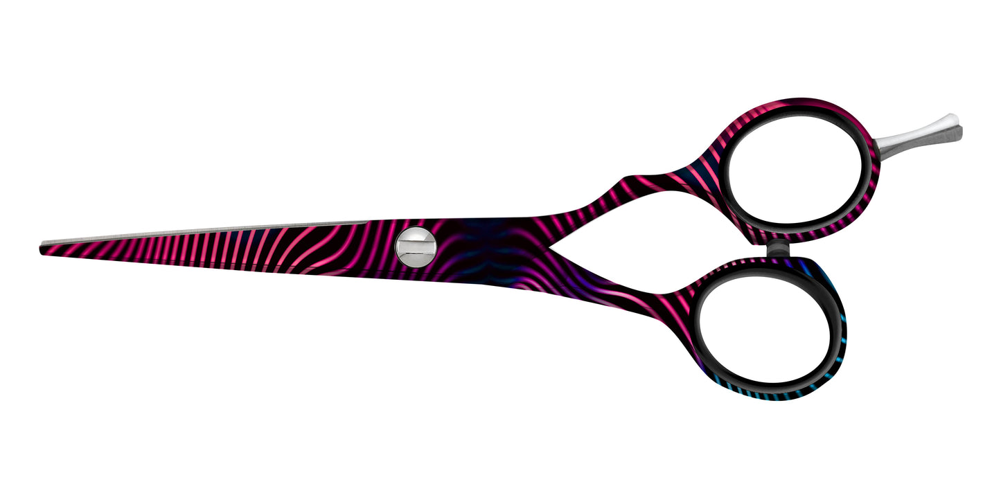 Hairdressing scissors with colorful pattern.