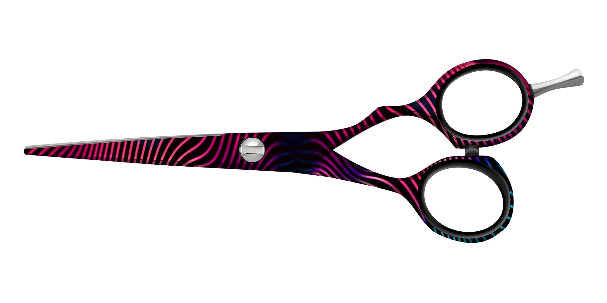 Hairdressing scissors with colorful pattern.