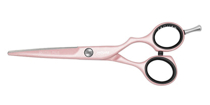 Pink hairdressing scissors with offset.