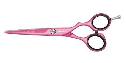 Pink hairdressing scissors with offset handle.