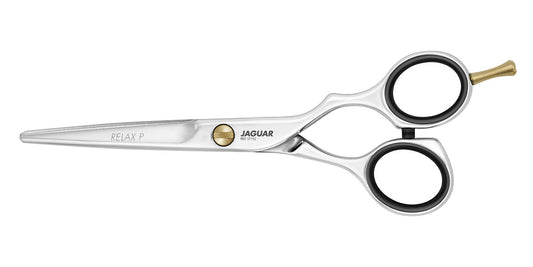 Hairdressing scissors with black handles.