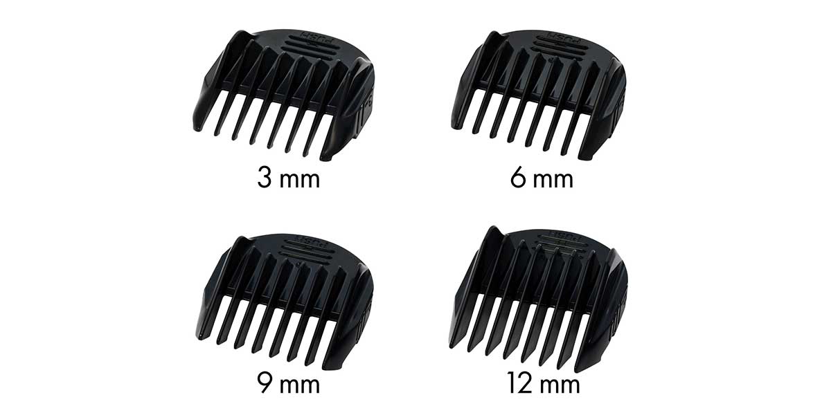 Four black comb attachments with sizes.