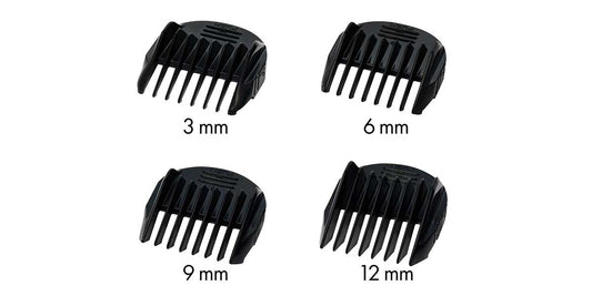 Four black comb attachments with sizes.