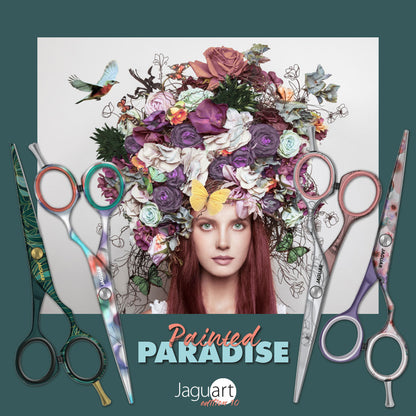 Four Jaguar brand scissors with a picture of a woman in the middle.