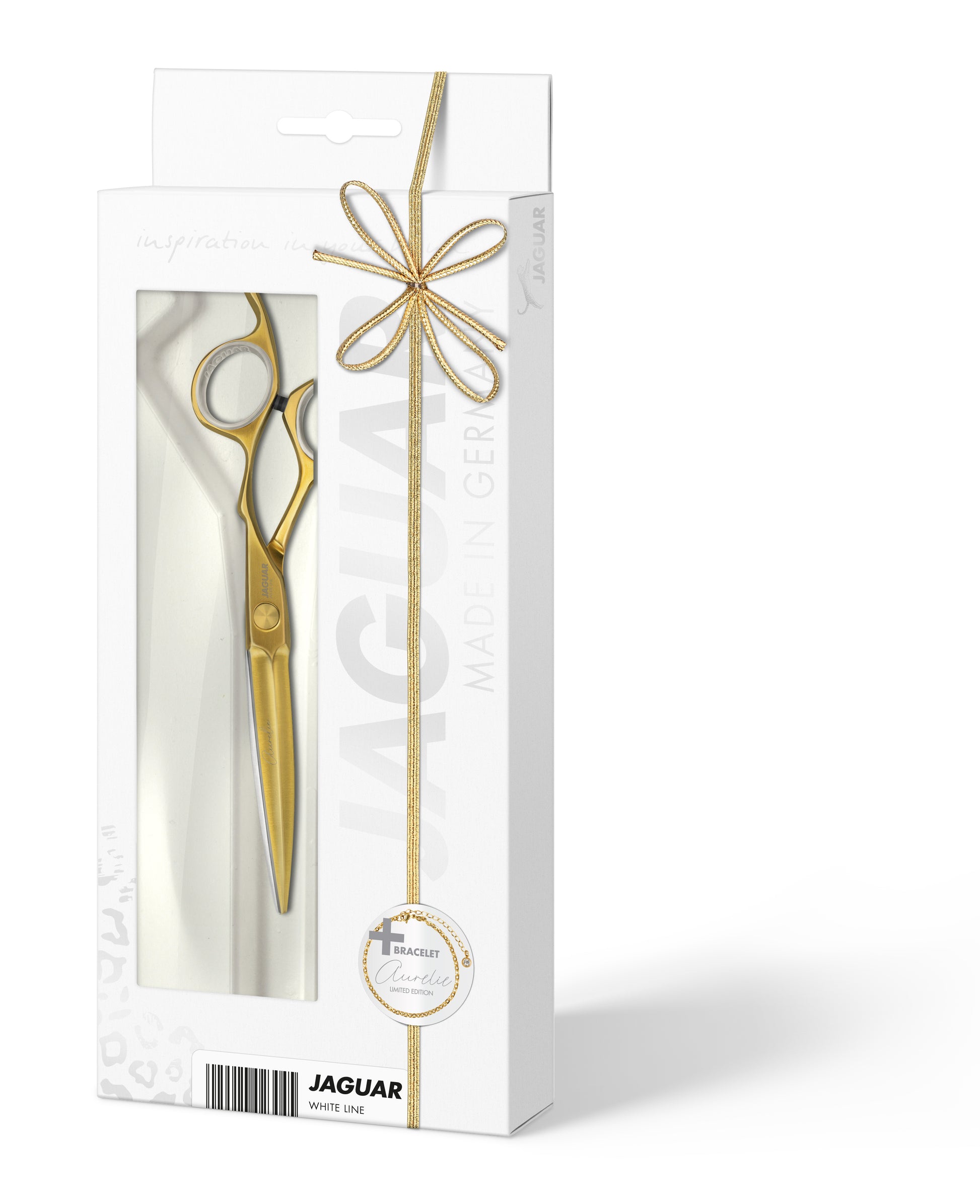 Golden hairdressing scissors with an ergonomic design.