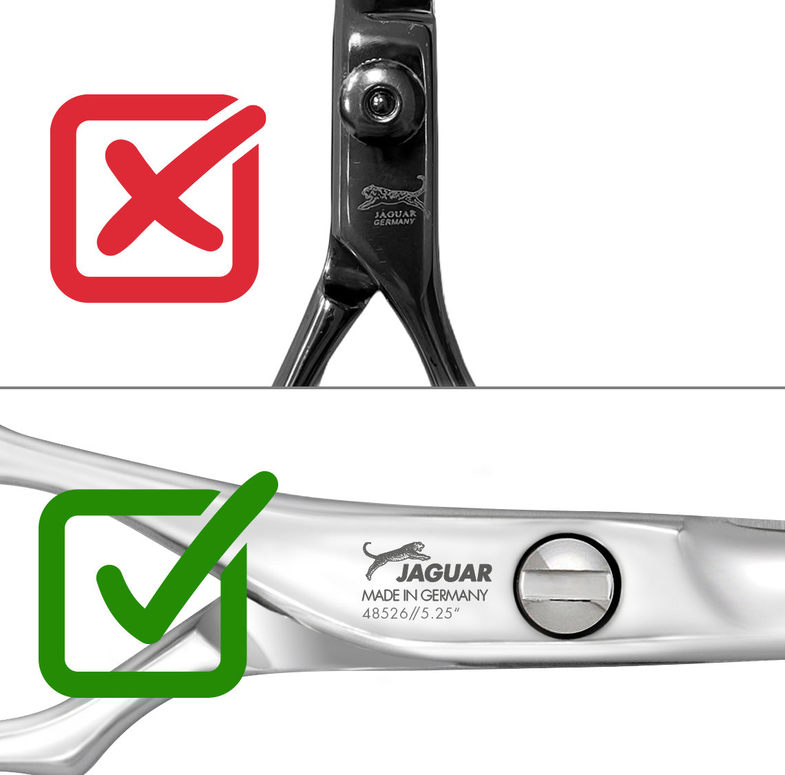 Detailed comparison of original vs. counterfeit: Original JAGUAR hairdressing scissors (bottom) with spring from left to right – counterfeit (top) with unclean logo and spring from right to left.