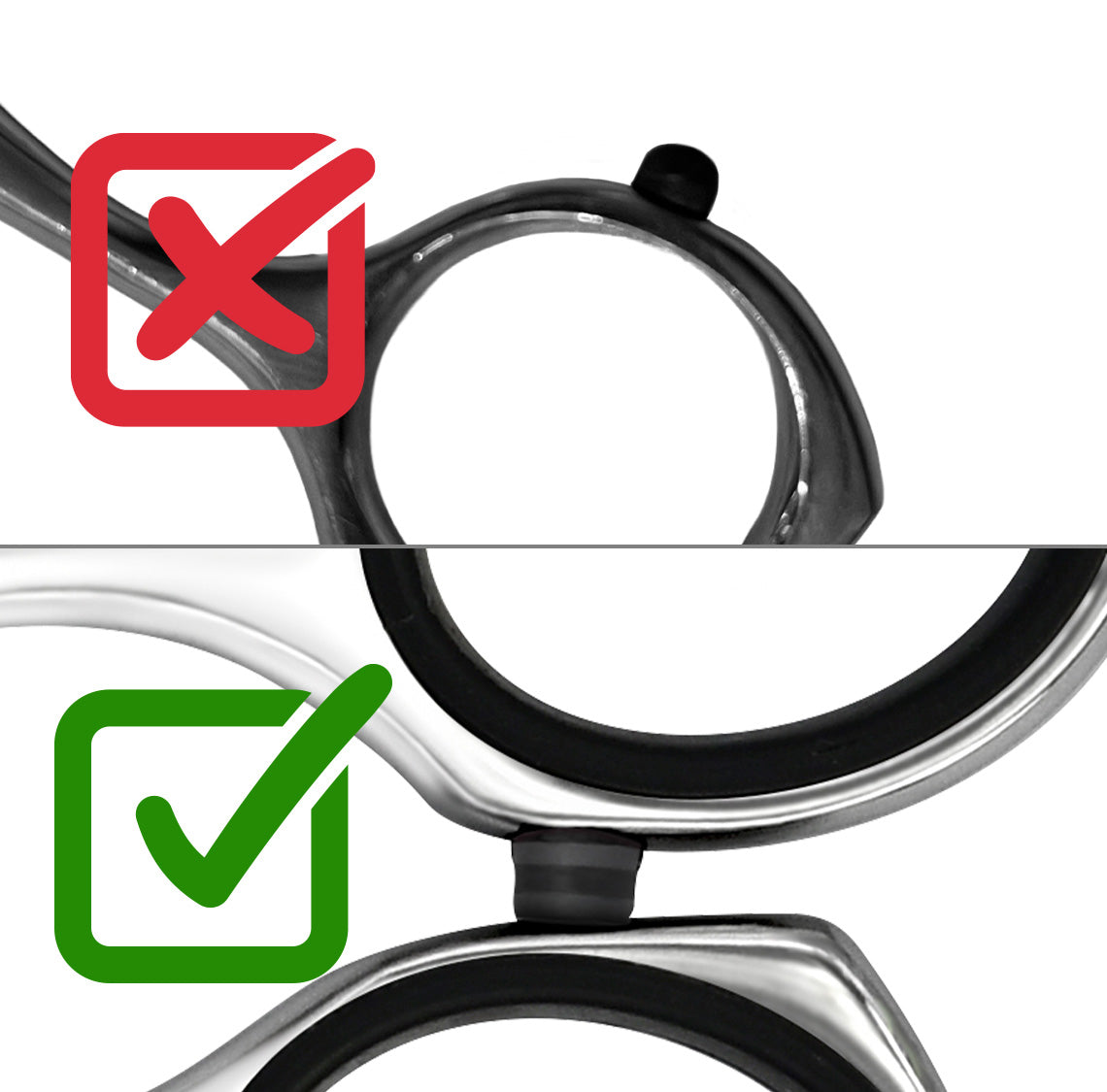 Comparison of original vs. counterfeit finger stopper: Original JAGUAR hairdressing scissors (bottom) with neatly integrated, ergonomic 2-component finger stopper – counterfeit (top) with sloppy workmanship and inferior, round stopper.