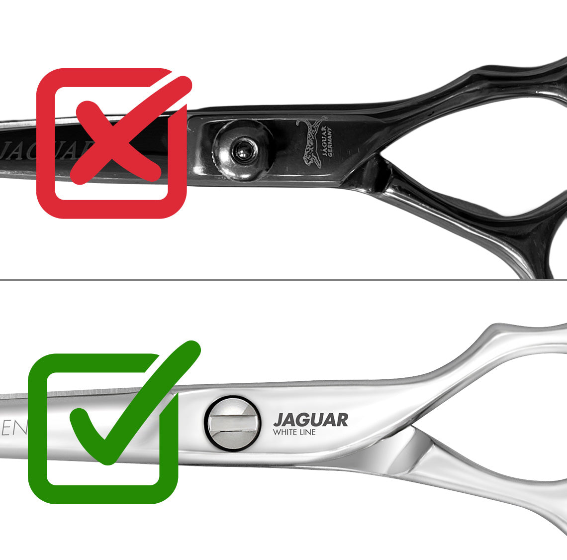 Original vs. fake: Genuine JAGUAR hairdressing scissors (below), the springer is never on the front – fake (above) with springer on the front.