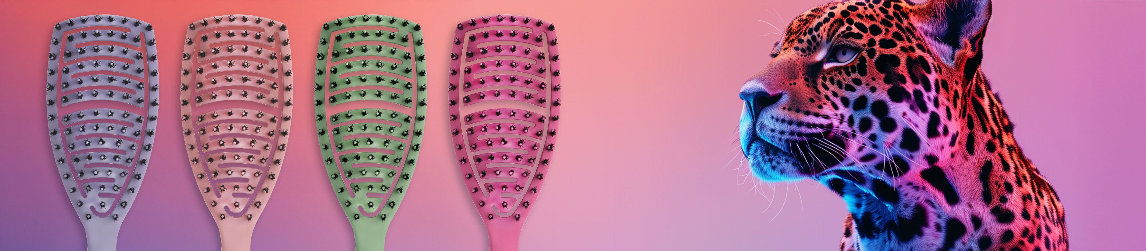 Four JAGUAR Flex Brushes in pastel colors against a colorful background, combined with a modern Jaguar motif.