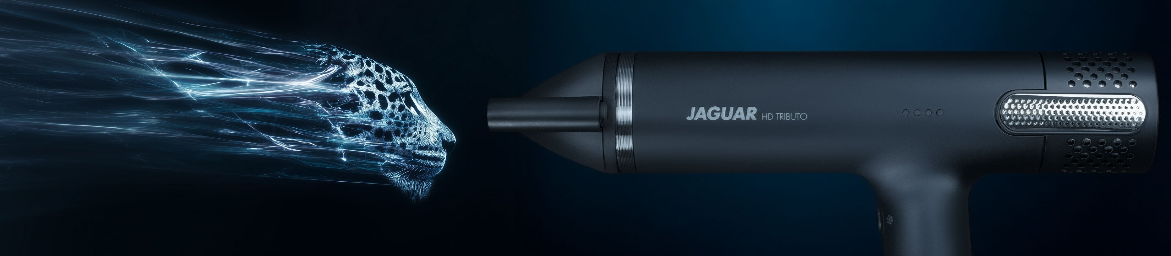 JAGUAR HD hair dryer with dynamic Jaguar graphics, studio shot on dark background.