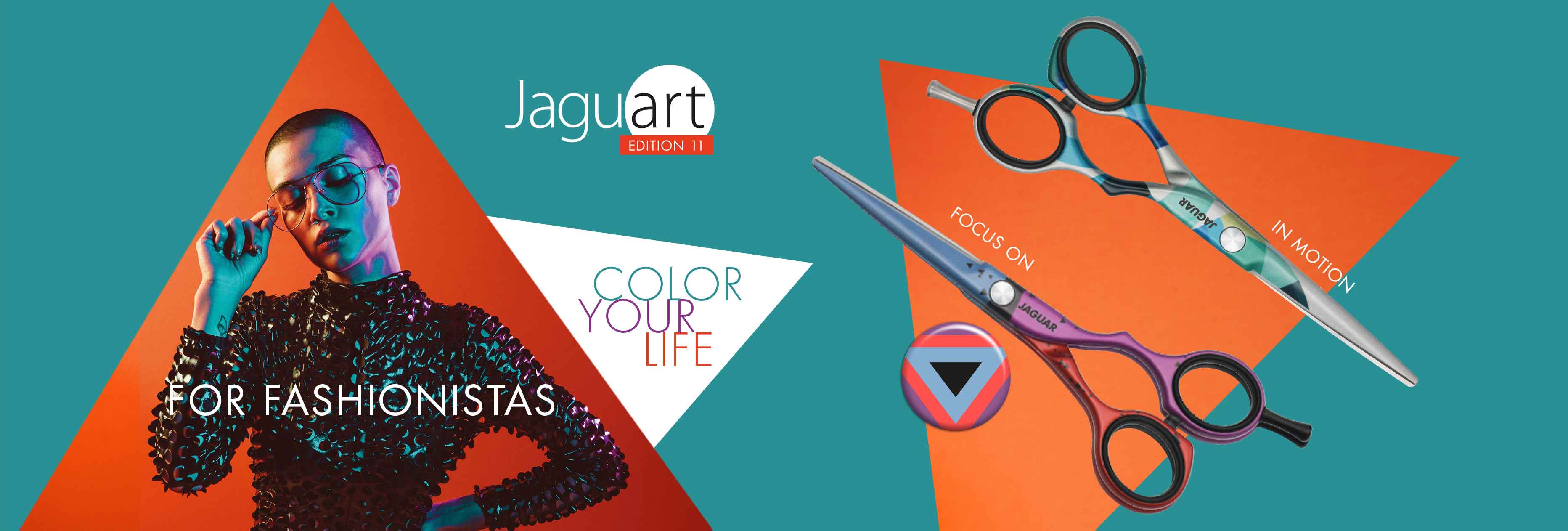 Jaguart 11 by JAGUAR – colorful hairdressing scissors in a fashionable design with model motifs and geometric graphic elements.