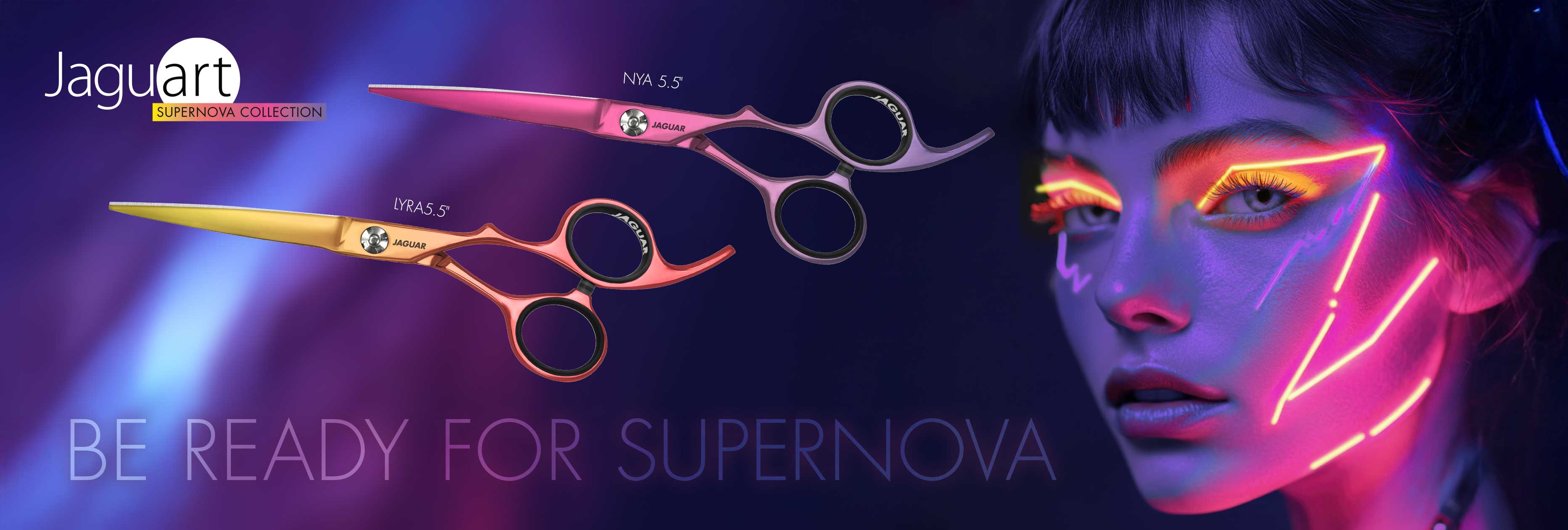 Jaguart Collection by JAGUAR – colored hairdressing scissors models Nya 5.5" and Lyra 5.5" against a creative neon fashion background