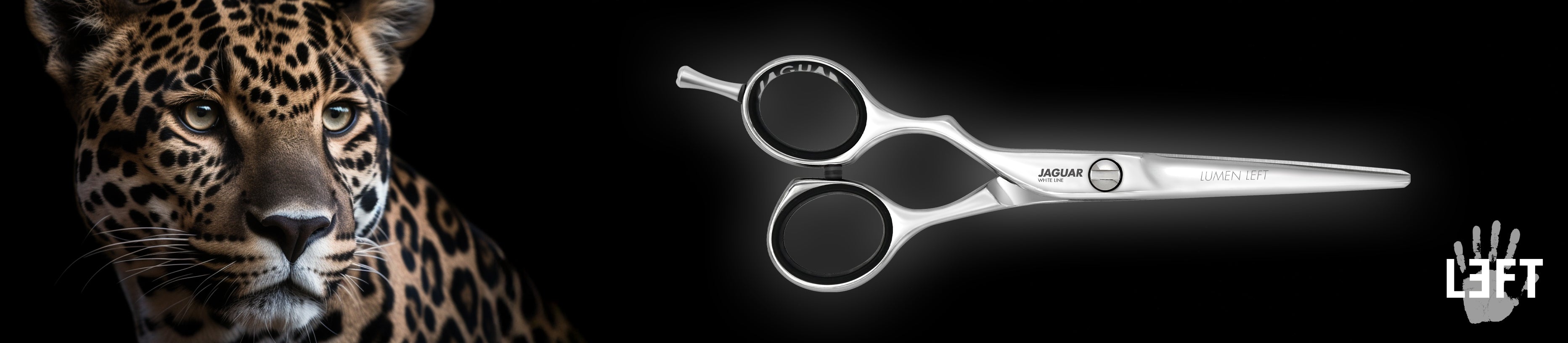JAGUAR LUMEN LEFT Left-handed scissors from the White Line a dark background, combined with a Jaguar motif.