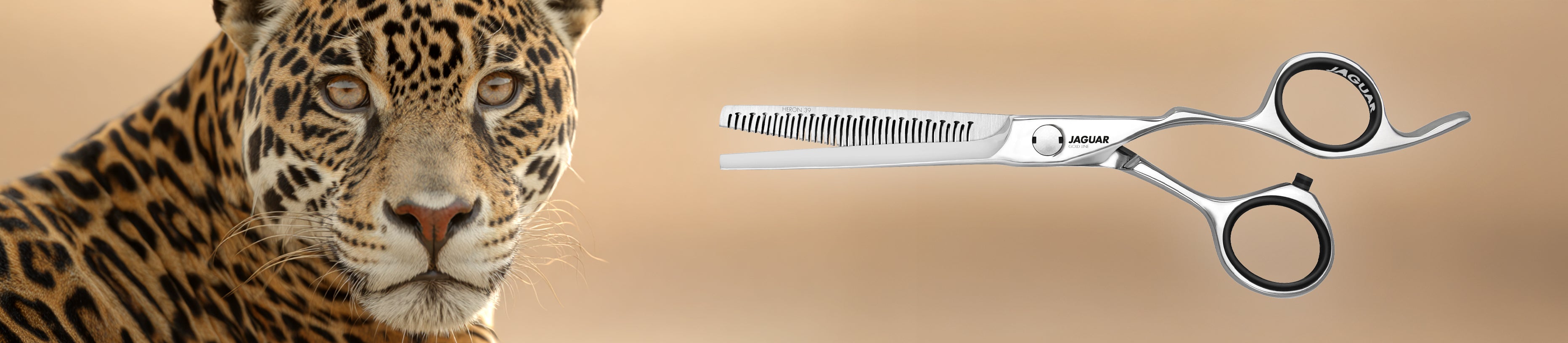 JAGUAR HERON 39 modeling scissors against a light background with Jaguar illustration.