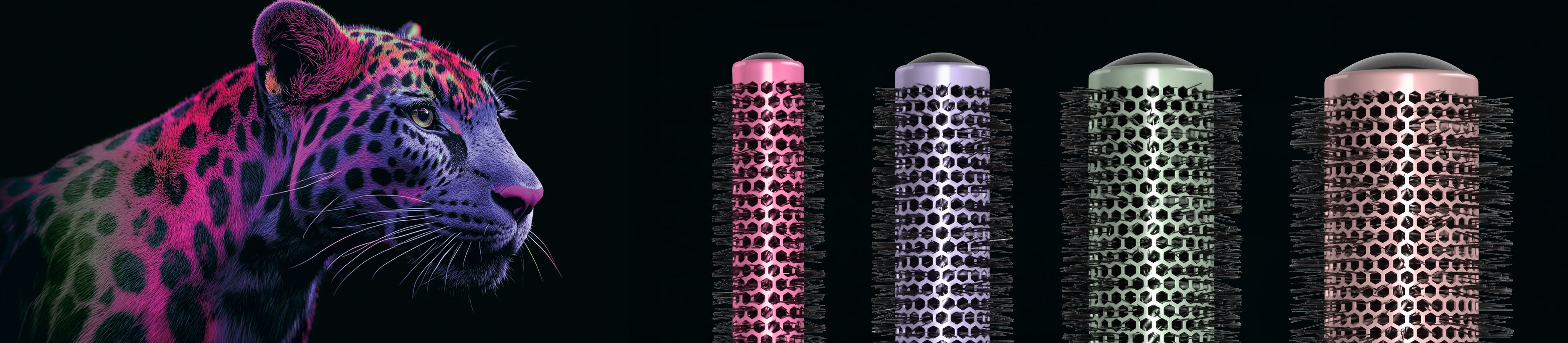 Four JAGUAR Flashy round brushes in pastel colors against a dark background, combined with a colorful Jaguar motif