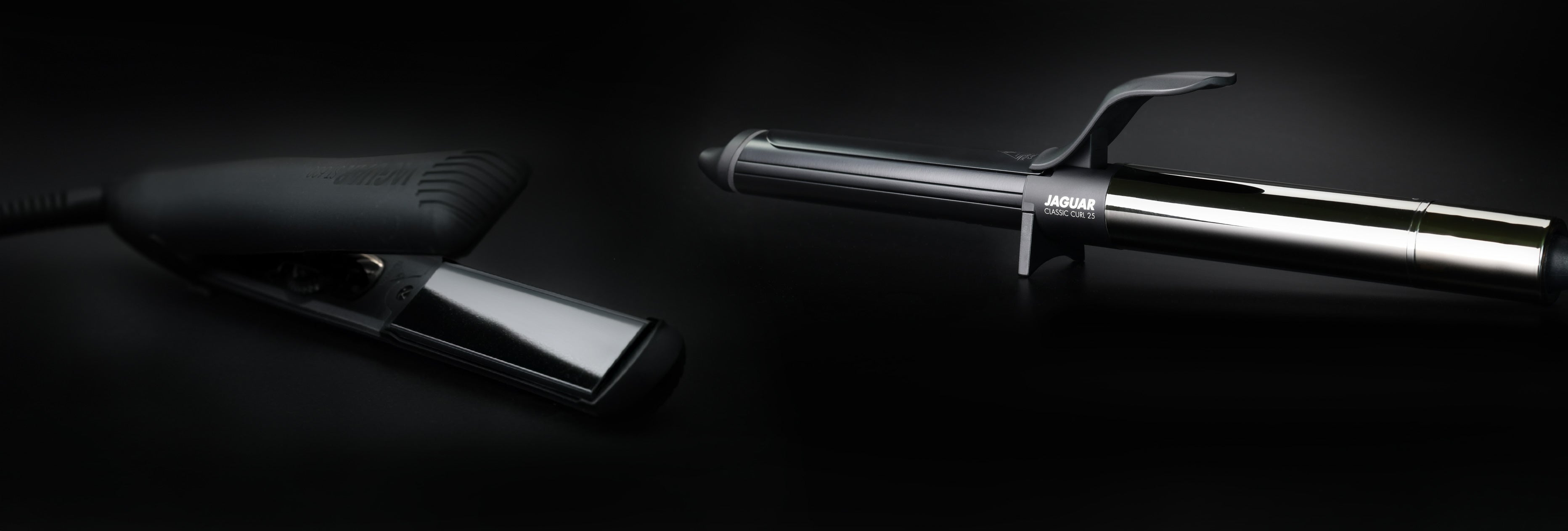 JAGUAR ST 600 straightener and Classic Curl 25 curling iron side by side on a black background.