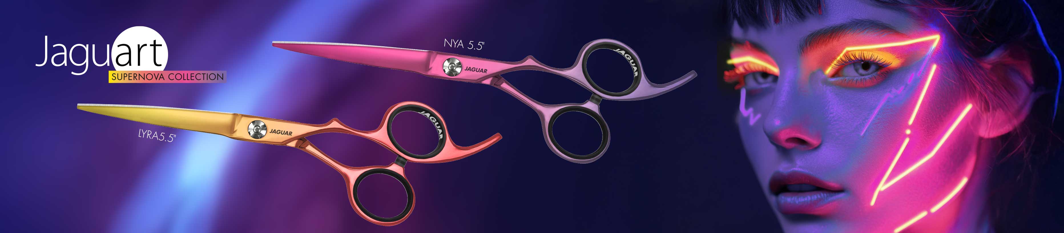 JAGUART hairdressing scissors in Lyra and Nya designs, inspired by neon lights and modern avant-garde.