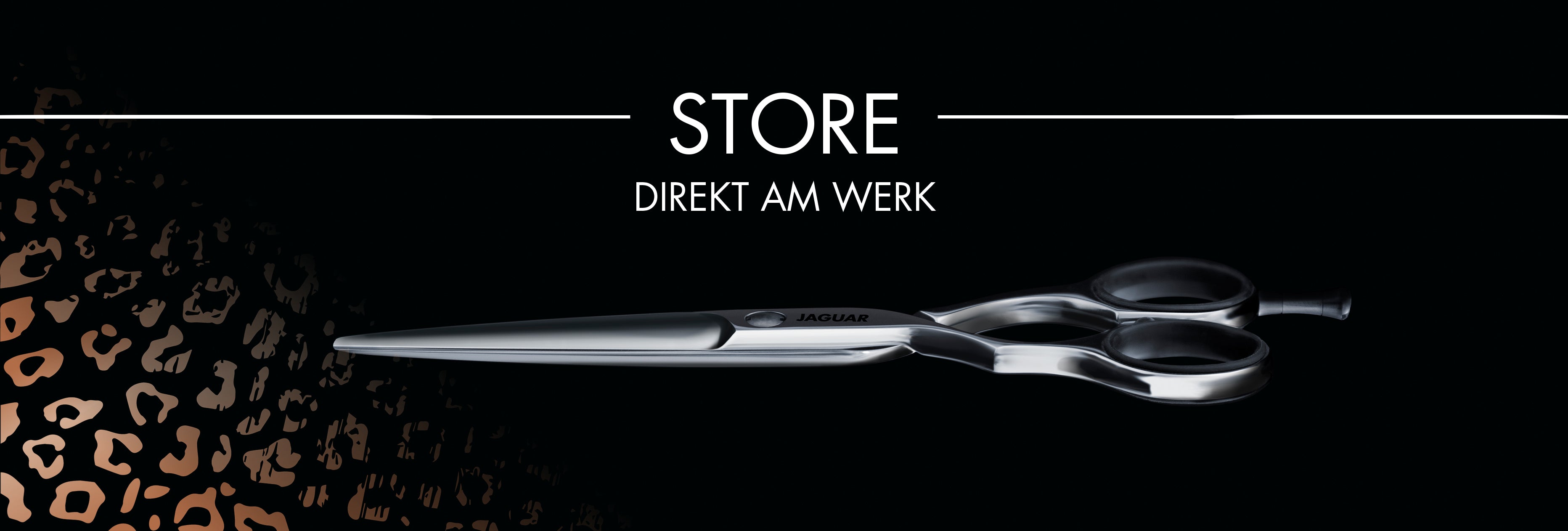 Banner "Store directly at the factory" by JAGUAR Solingen: Elegant hairdressing scissors against a black background, staged in a minimalist style, stand for precision, craftsmanship, and factory sales directly at the production site in Solingen.