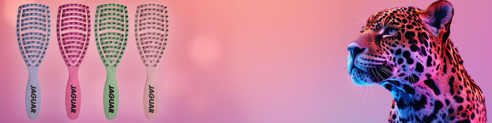 JAGUAR Flex Brush – flexible detangling brushes in four colors against a colored background with a Jaguar motif