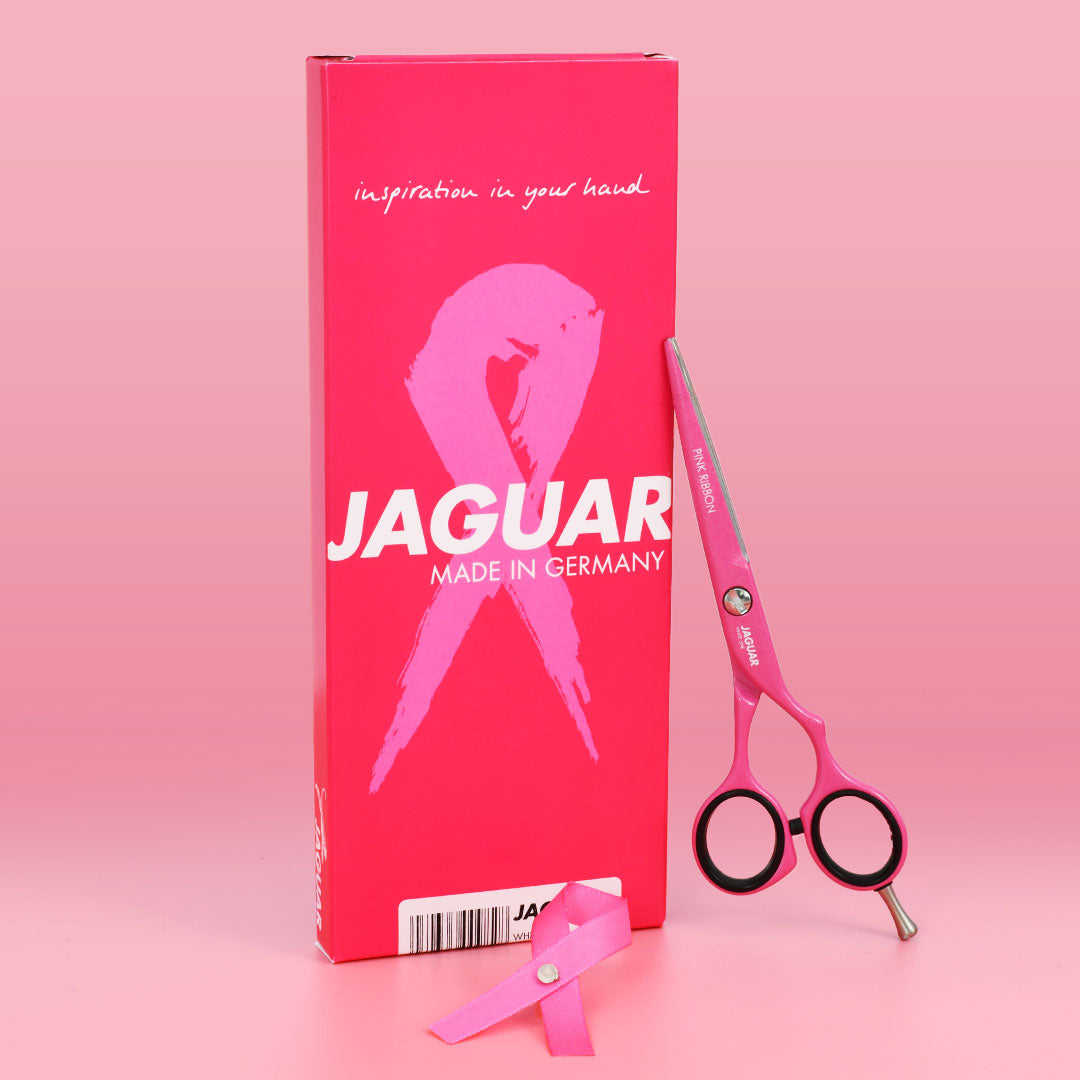 Pink Jaguar scissors with packaging.