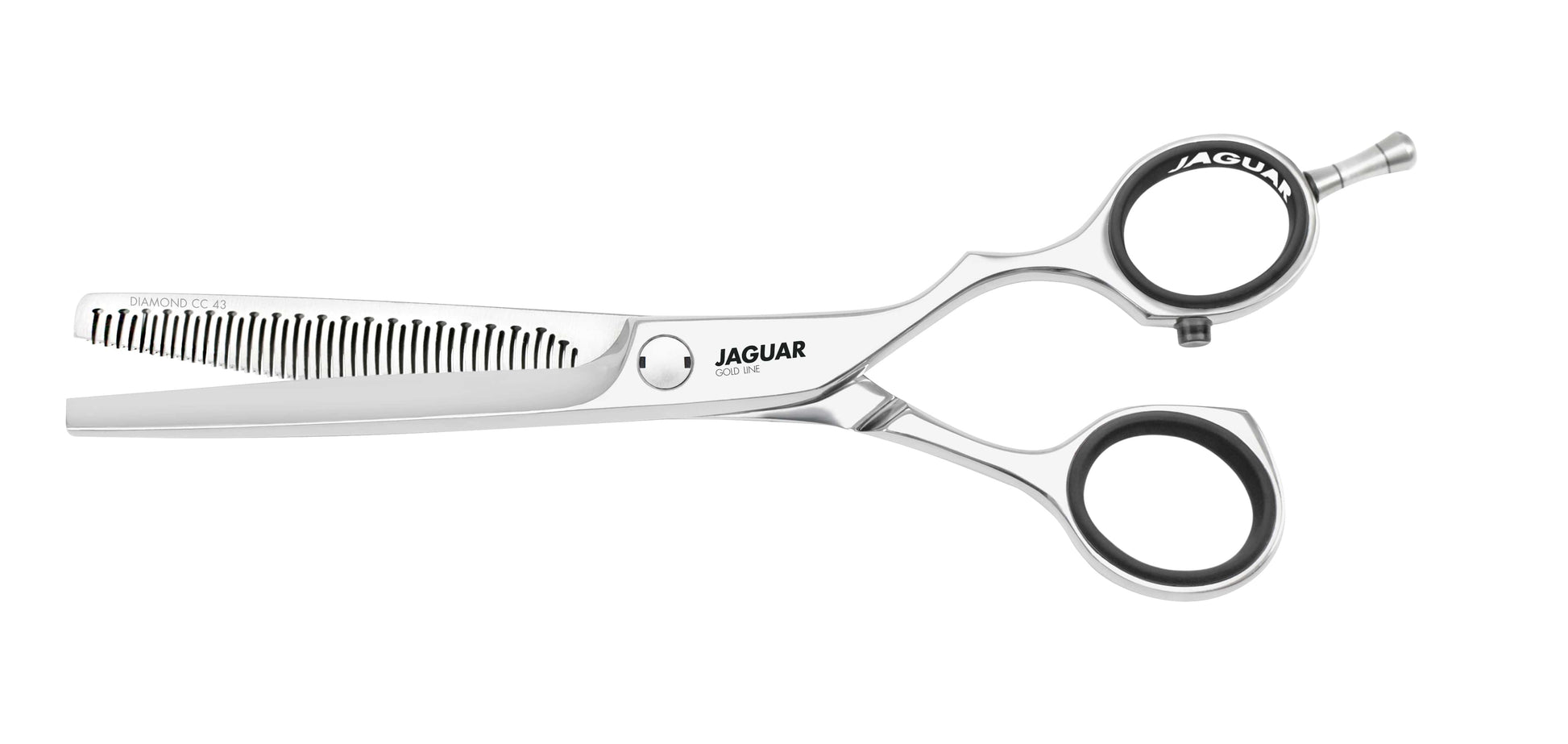 Hairdressing scissors with serrated blades.