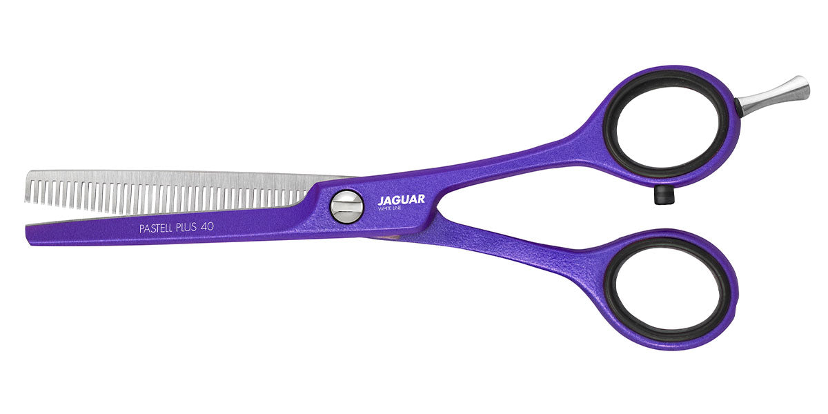Purple styling scissors for hairdressers.