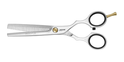 Hairdressing scissors with serrated blades.