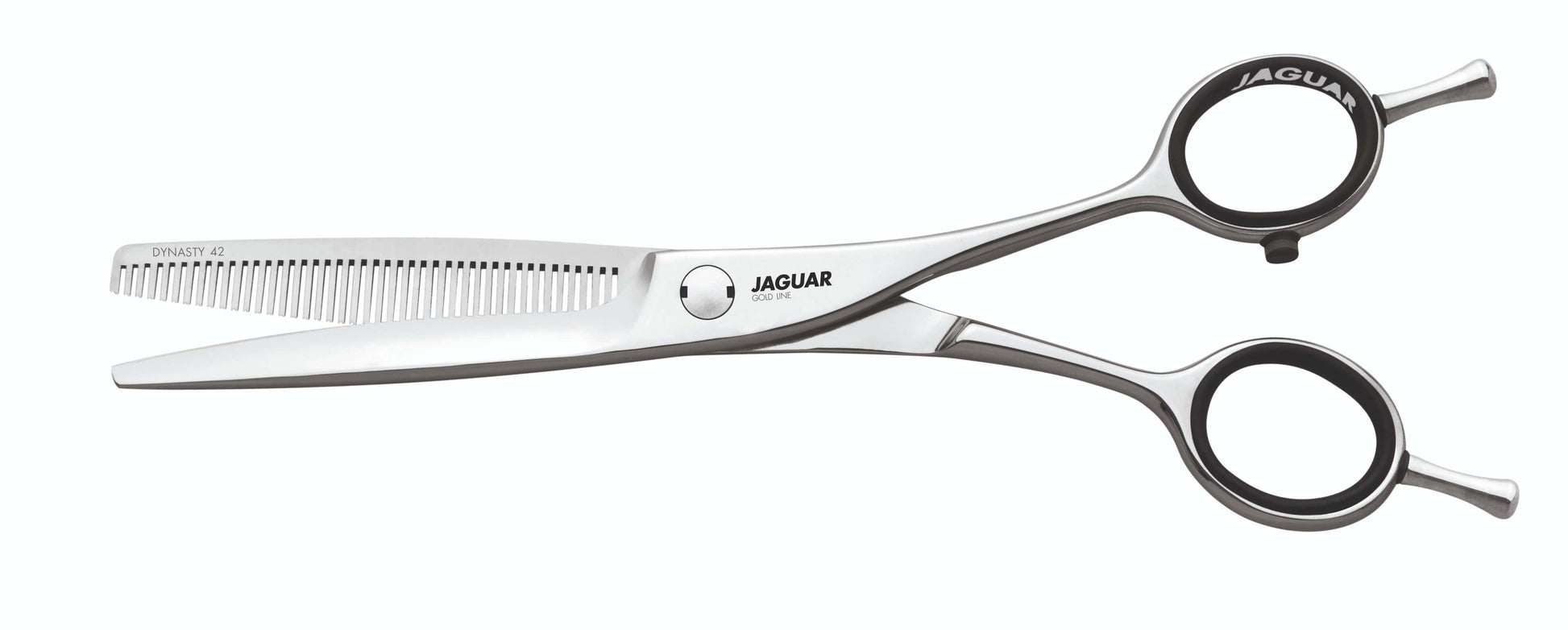 Hairdressing scissors with serrated blades.