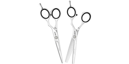 Hairdressing scissors with ergonomic design.