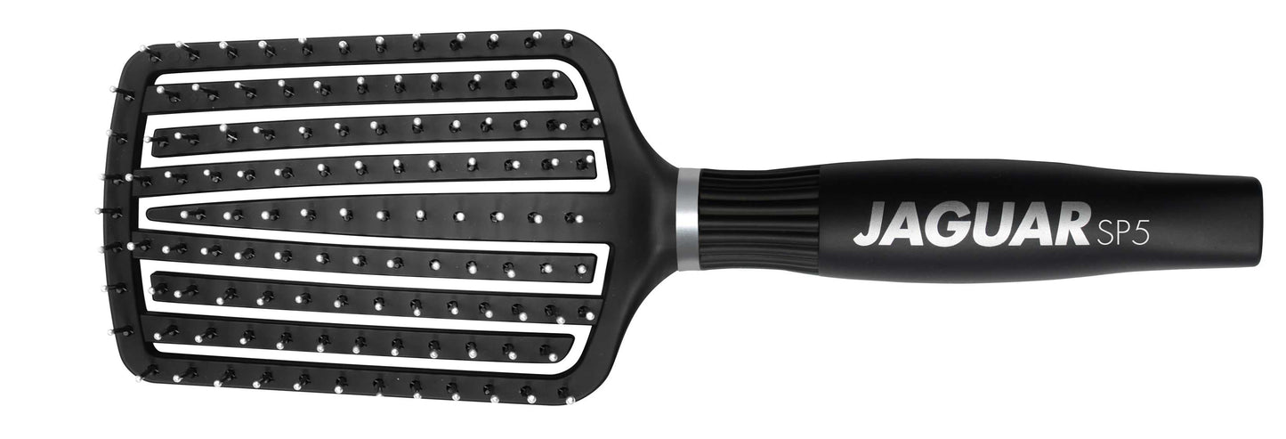 Black paddle brush with handle.